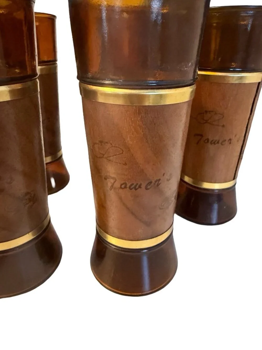 Vintage The Tower's Amber Glass Tumblers Genuine Walnut Wood Jackets Set of 6 MC